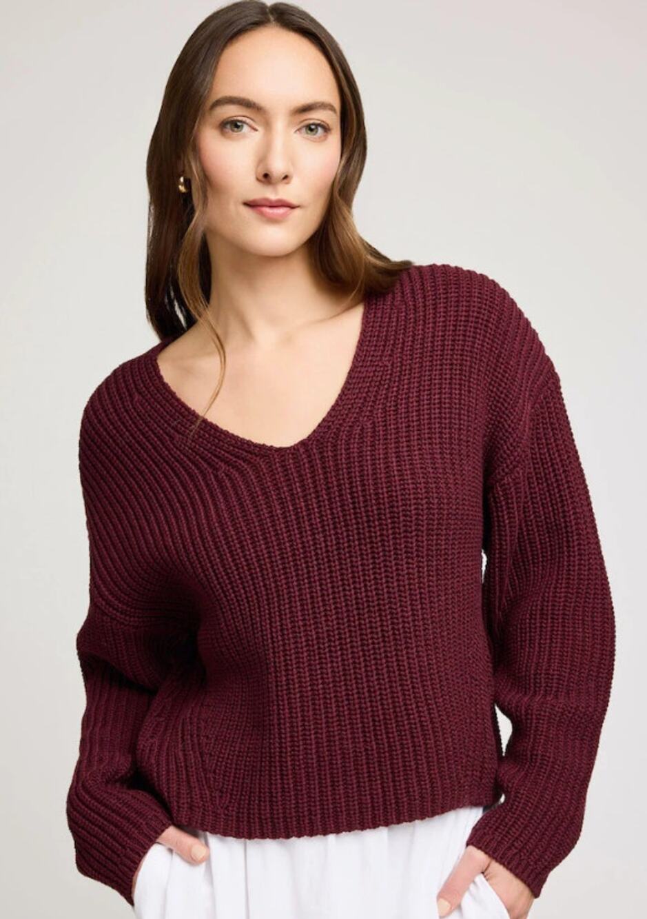 Gentle Fawn Spencer V Neck Sweater Merlot Maroon Long Sleeve Women's M